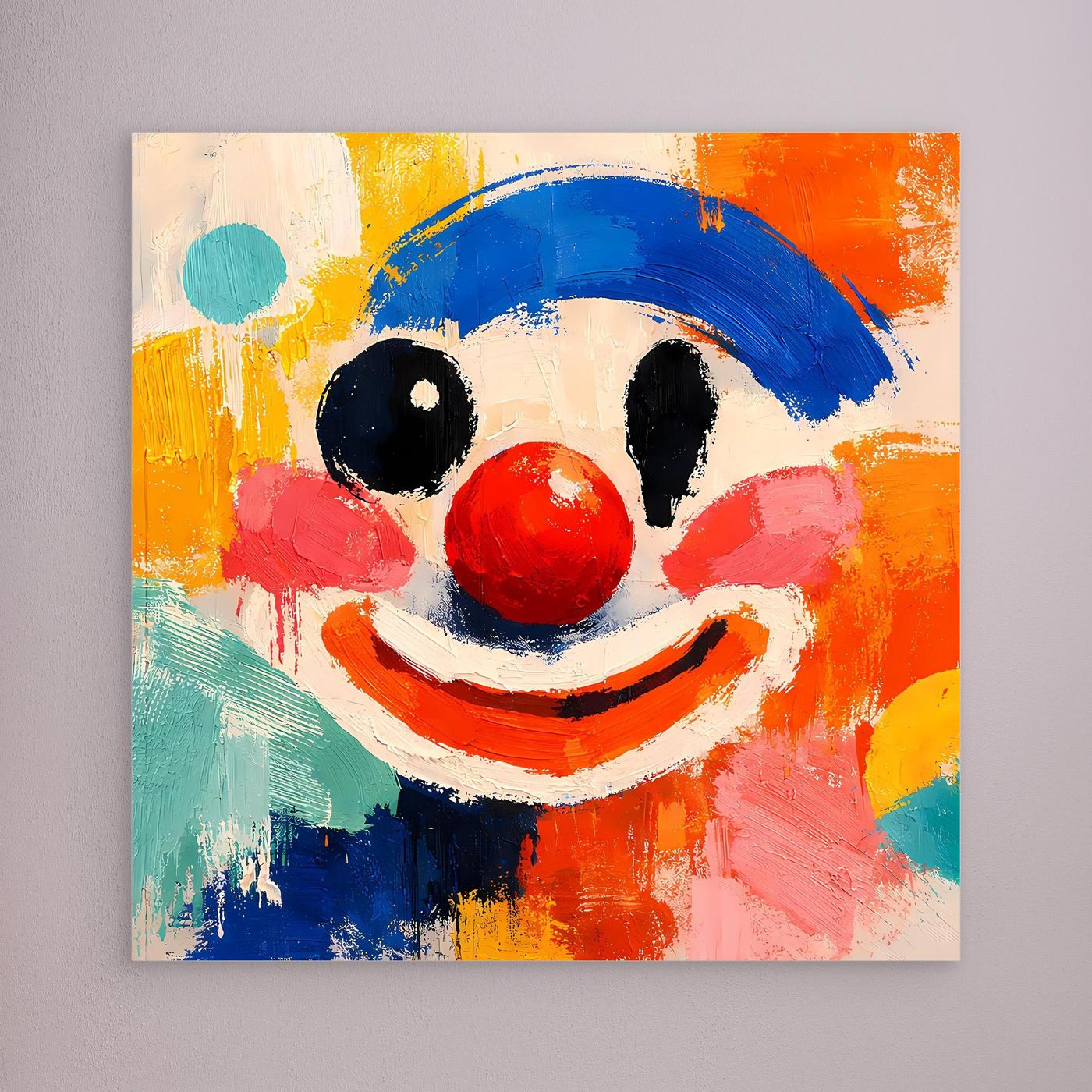 Leinwand-Wandbild mit abstraktem Clown-Gesicht, blauem Hut, roter Nase und bunten Farbflächen.