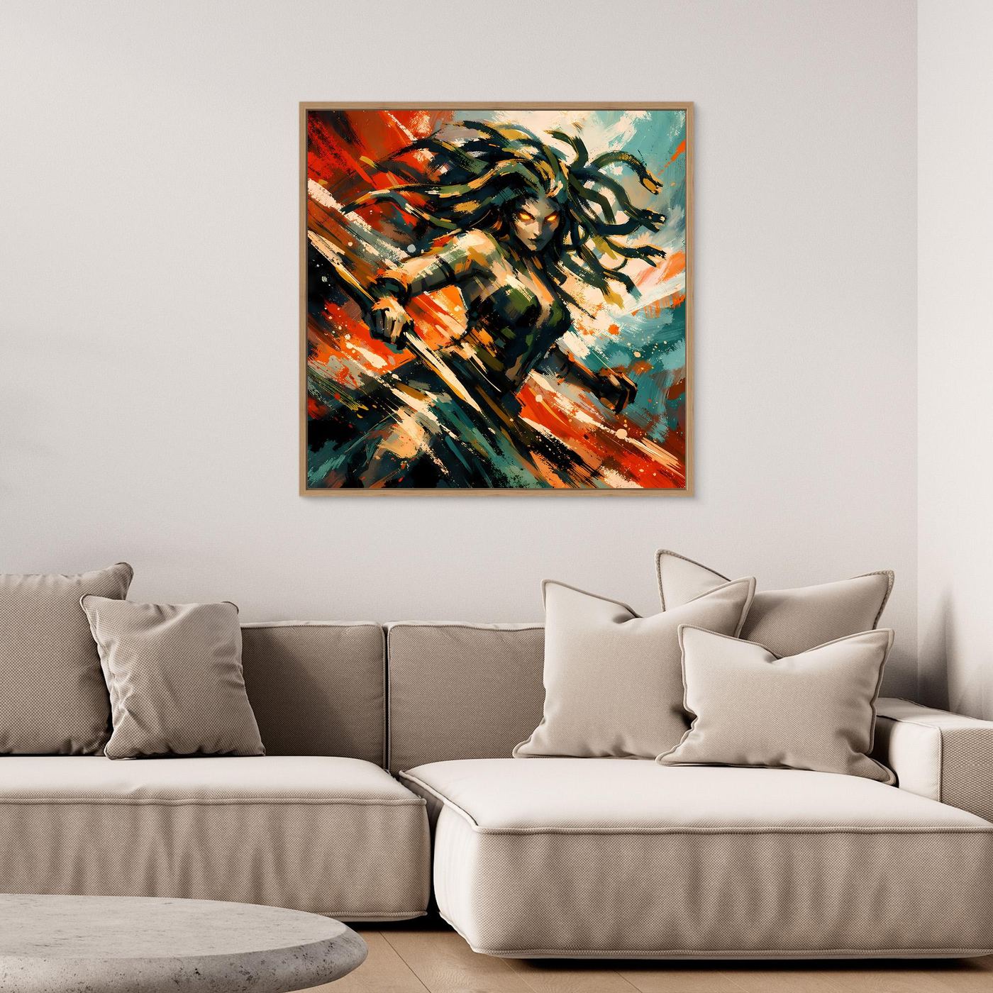 Leinwand Mythische Medusa im Action-Stil | Dynamisches Wandbild auf echter Leinwand