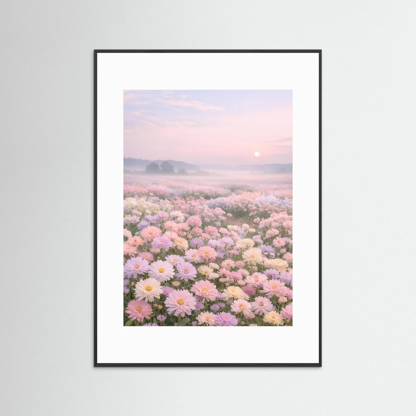Florales Poster mit Blumenmeer bei Sonnenaufgang, weißes Passepartout, schwarzer Rahmen