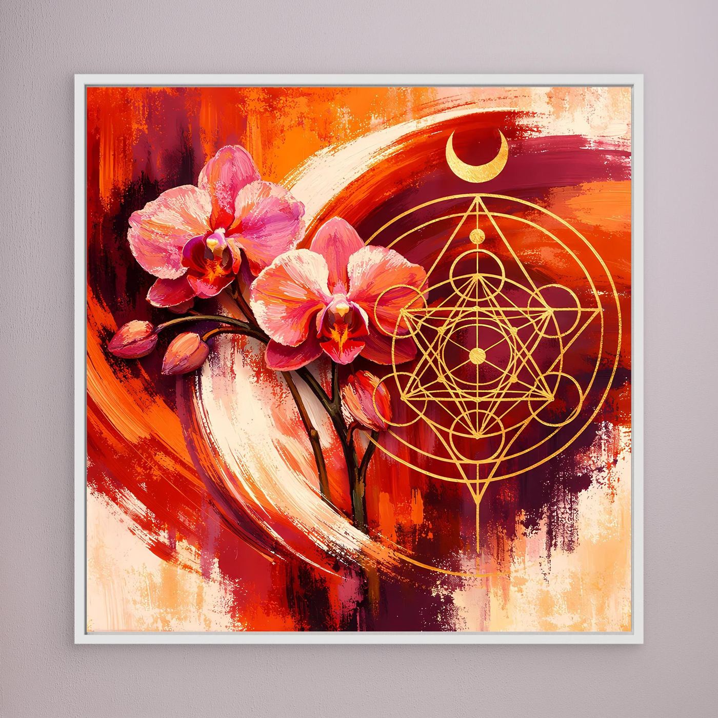 Abstraktes Wandbild mit pinken Orchideen und goldener Heiligen Geometrie, heller Rahmen