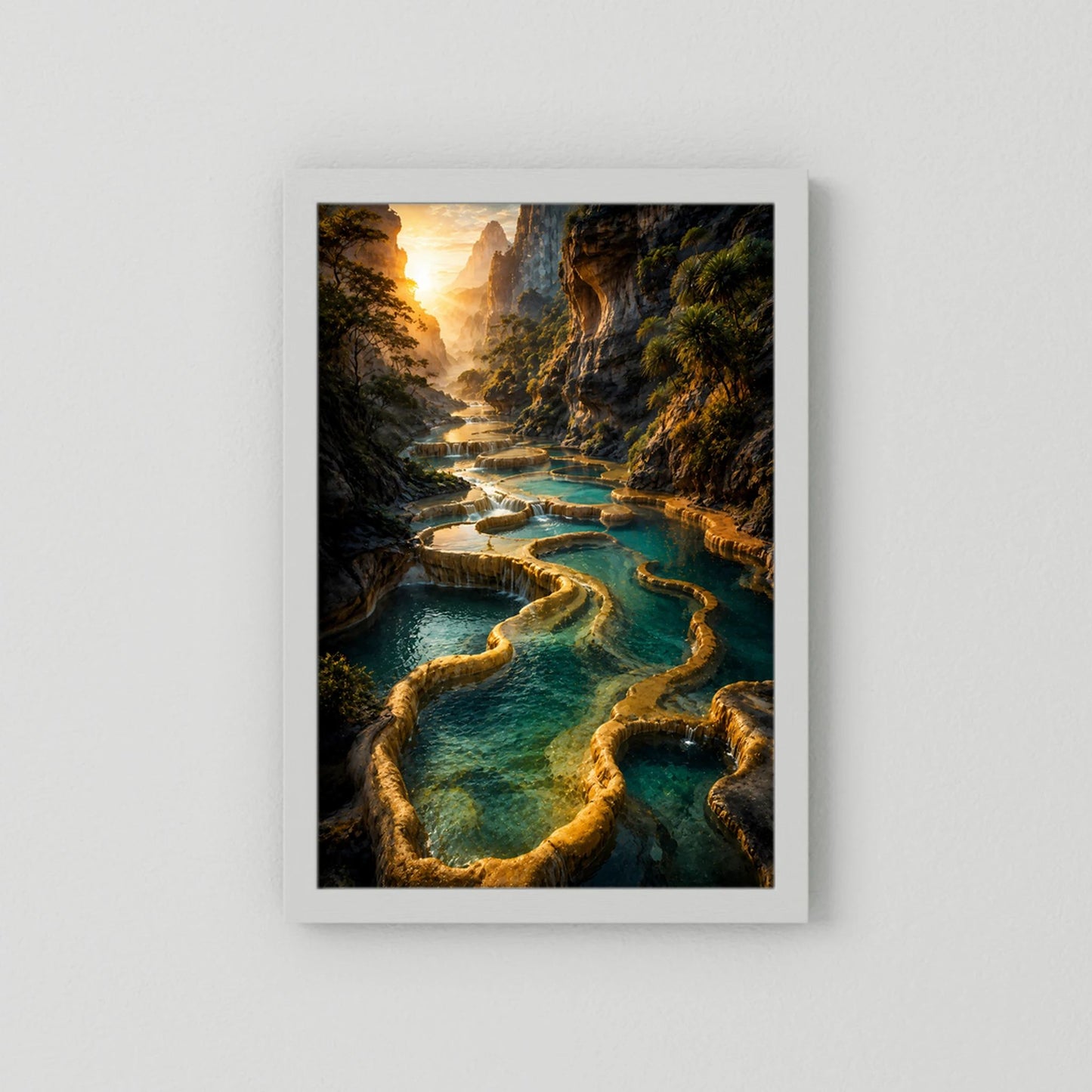Vertikales Poster mit weißem Rand und türkisfarbenen Flussarmen in einer Felsenschlucht