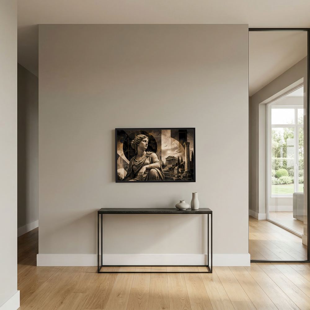 Wandkunst-Poster im Querformat mit antiker Göttin in Schwarz-Gold, schwarzer Rahmen