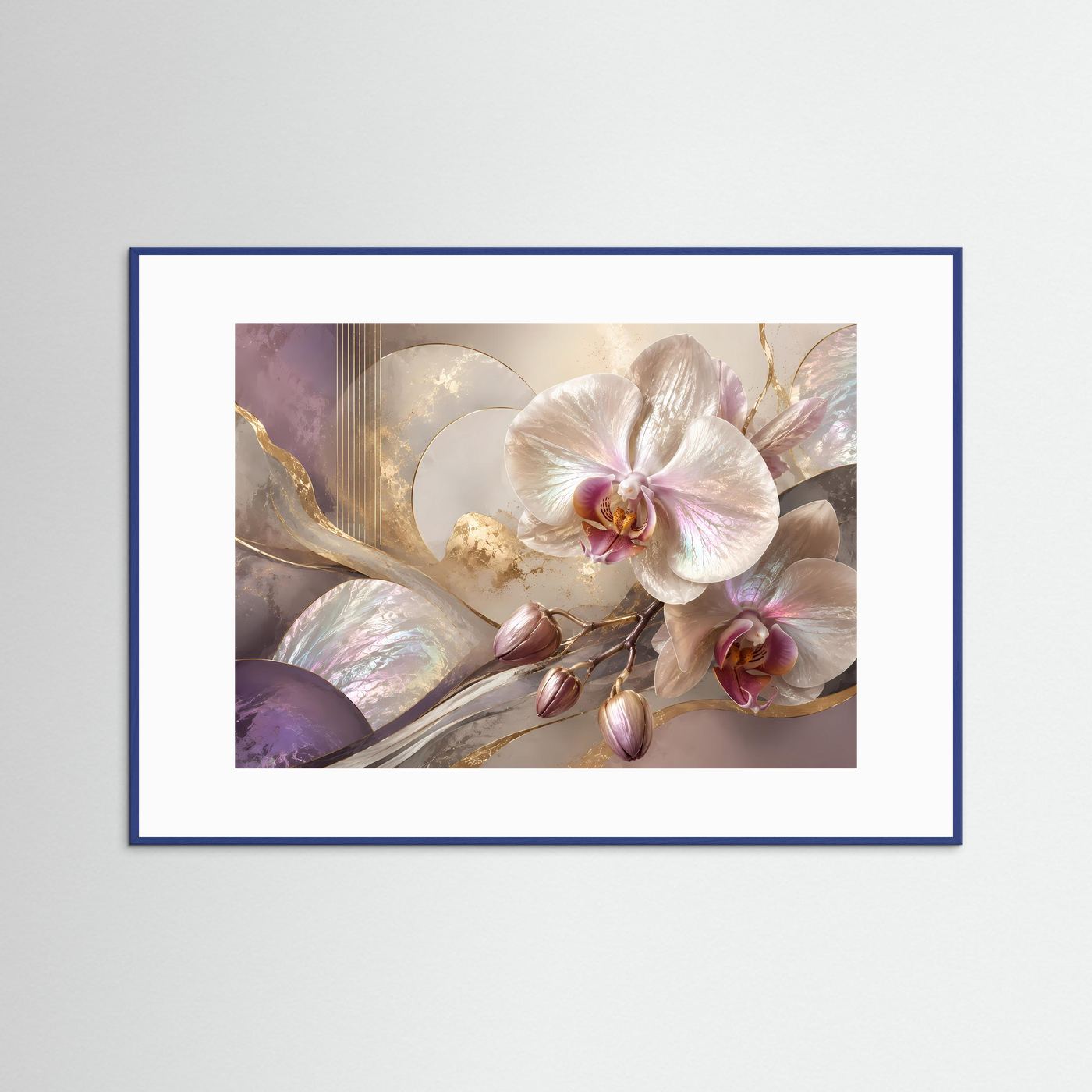 Orchideen-Poster im Querformat: roséfarbene Blüten, goldene Akzente, blauer Rahmen