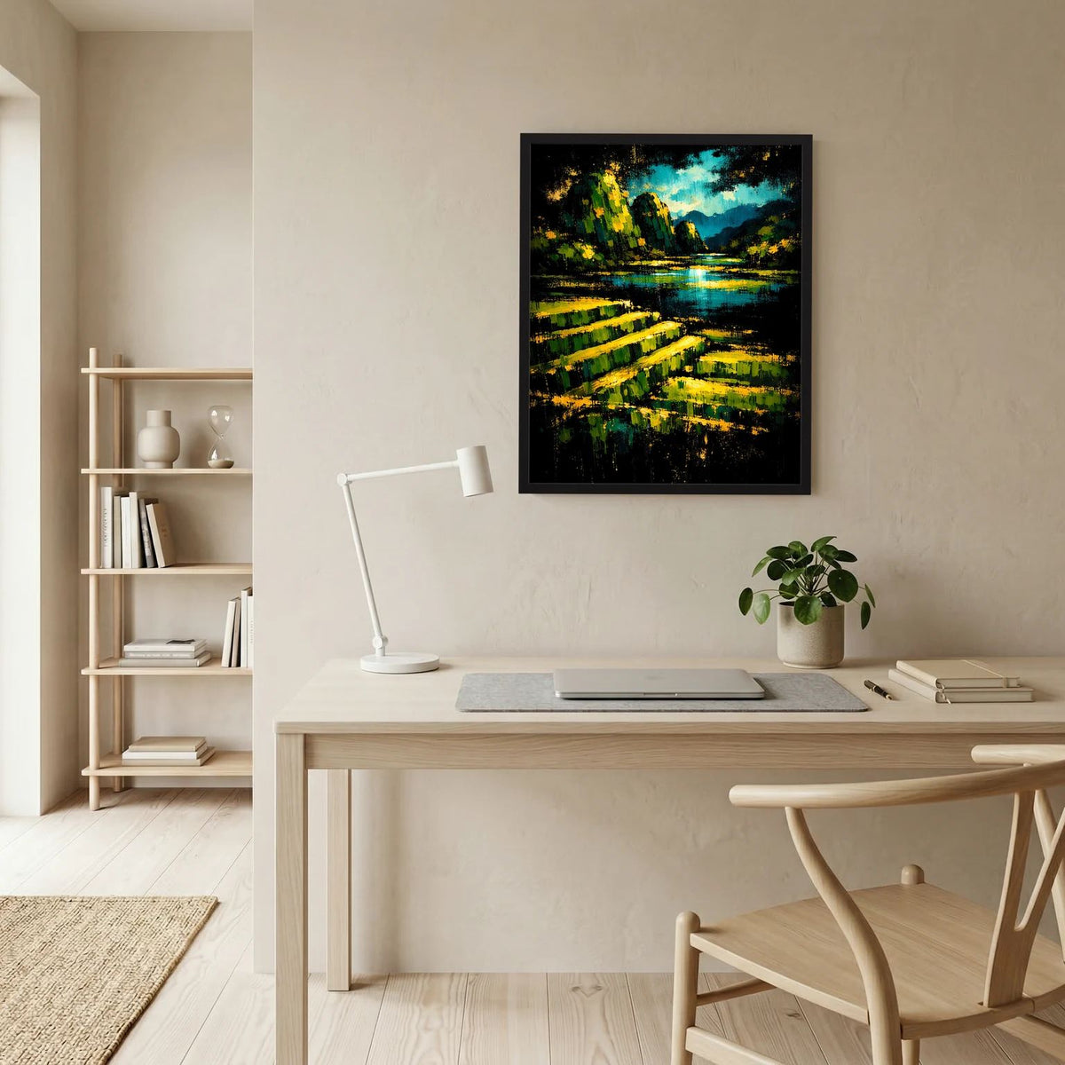Wandposter mit schwarzem Rahmen: blauer See/Fluss, grün-gelbe Lichtstreifen, dunkles Motiv