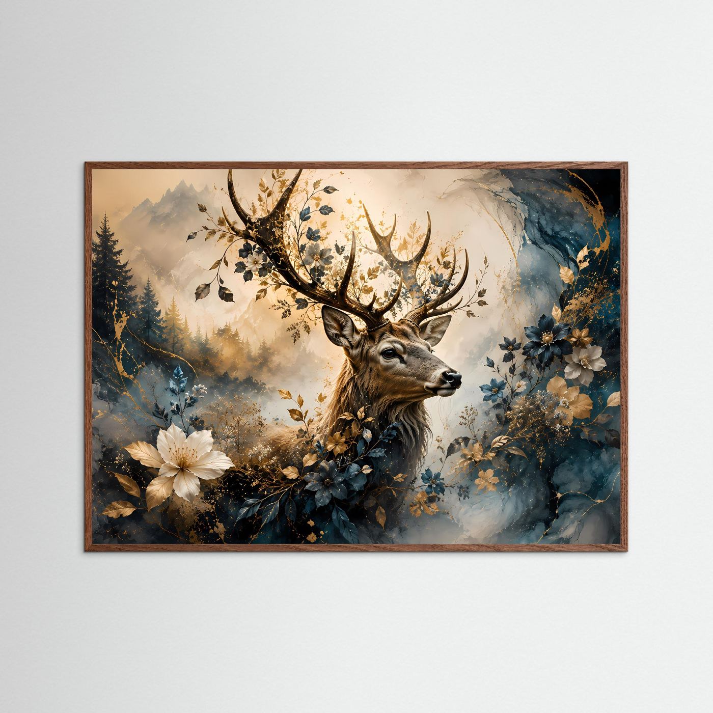 Wandbild mit Hirsch im Wald, Blumen und Blättern, blau-goldene Farben, brauner Holzrahmen