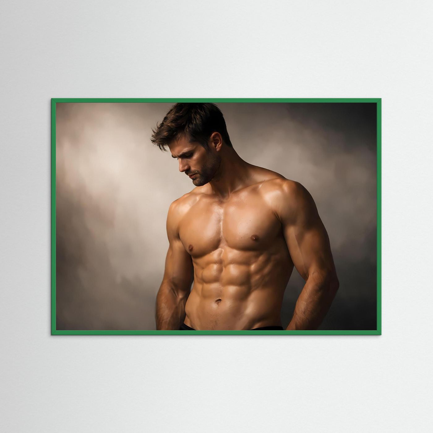 Fitness-Poster mit muskulösem Männerkörper im grünen Holzrahmen, Querformat