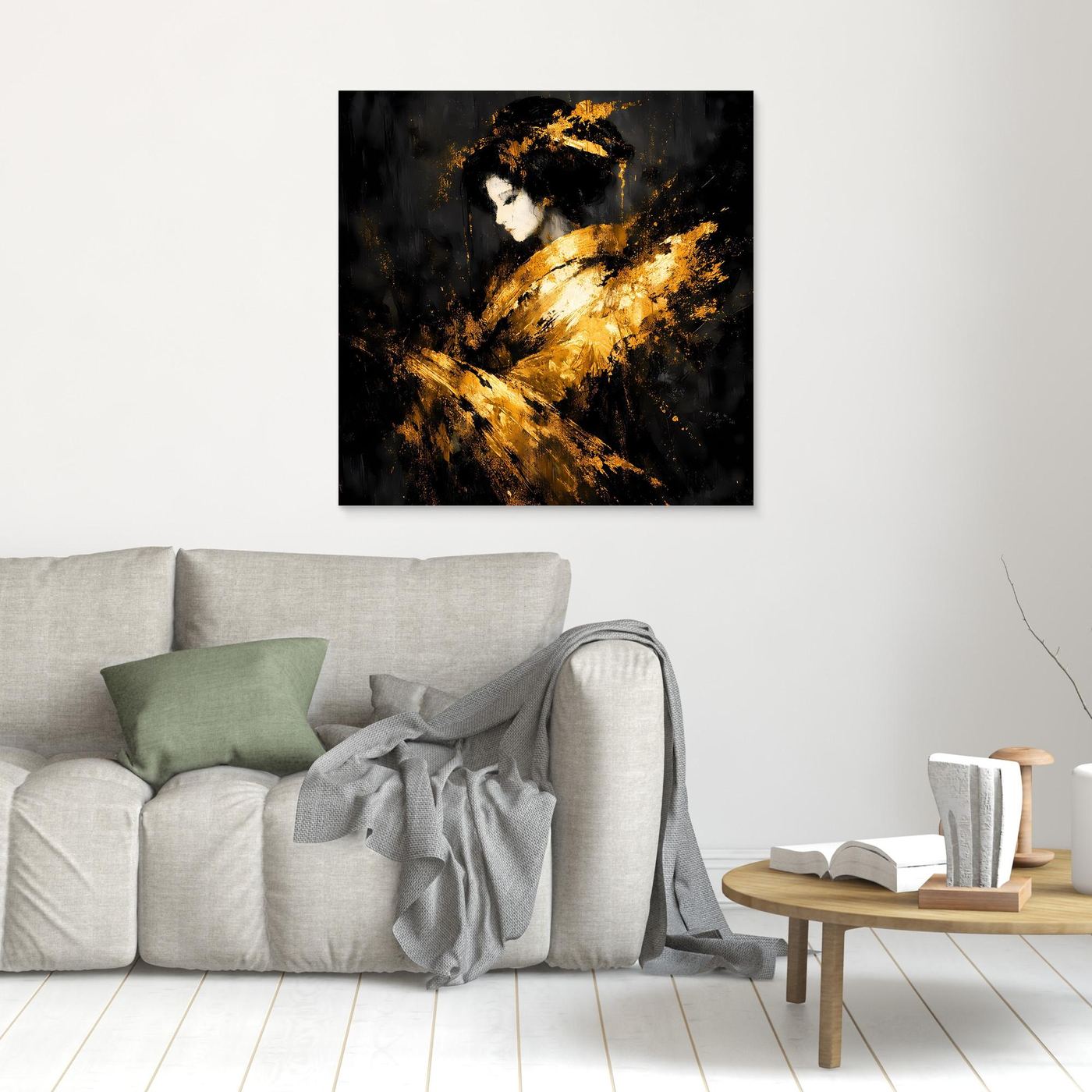 Leinwand Elegante Goldene Geisha | Abstraktes Asiatisches Wandbild