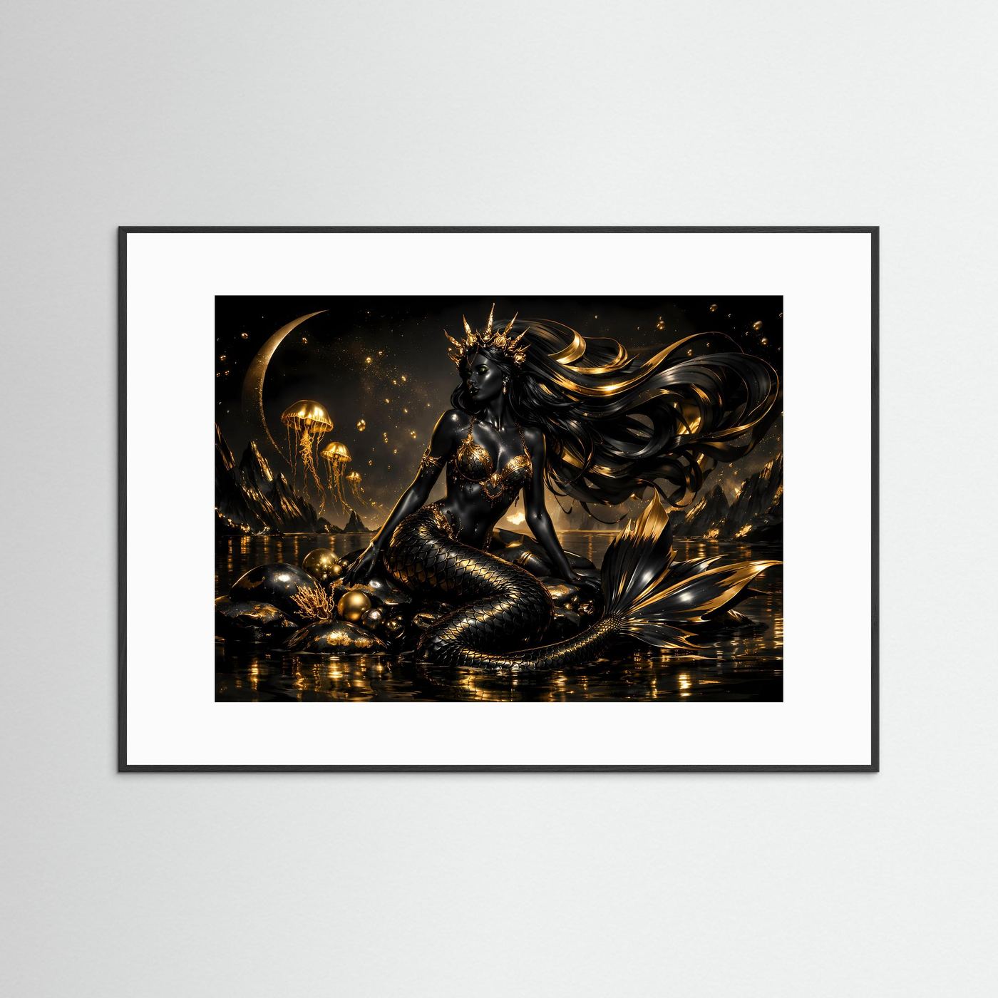 Schwarze Meerjungfrau mit Goldkrone & Quallen | Mystisches Wandbild Querformat