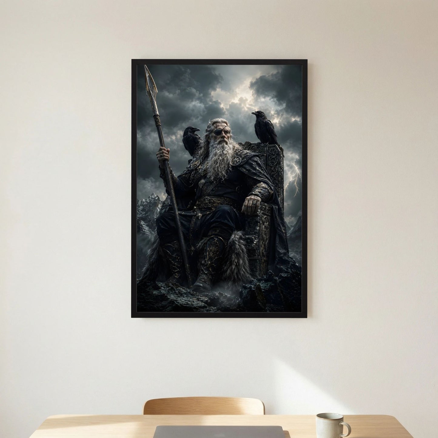 Wikinger-Poster im Hochformat: Krieger mit Speer und Rabe vor dunklem Himmel, Schwarz-Gold