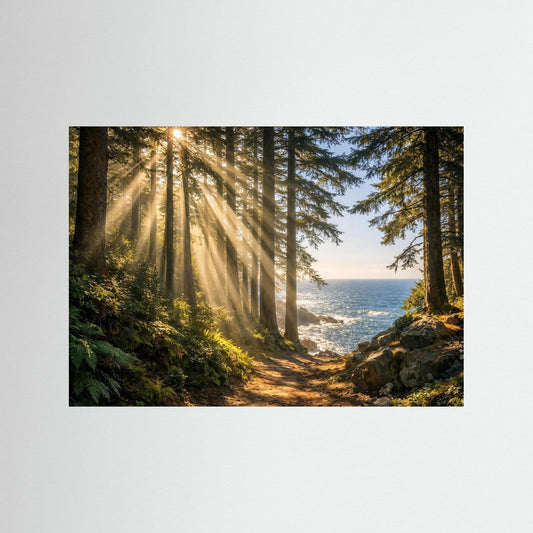 Querformat-Poster mit Waldweg, Sonnenstrahlen zwischen Bäumen und Meerblick