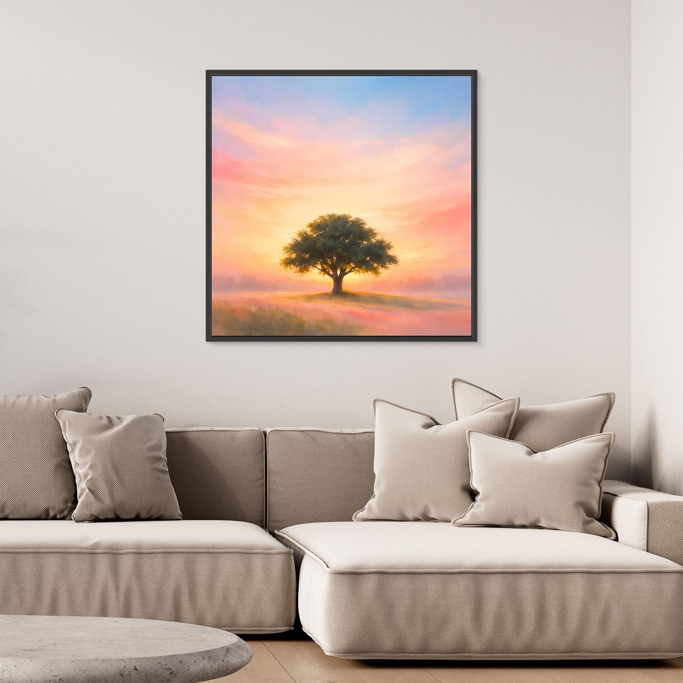 Leinwandbild einsamer Baum im Sonnenaufgang, Pastell, mit schwarzem Rahmen
