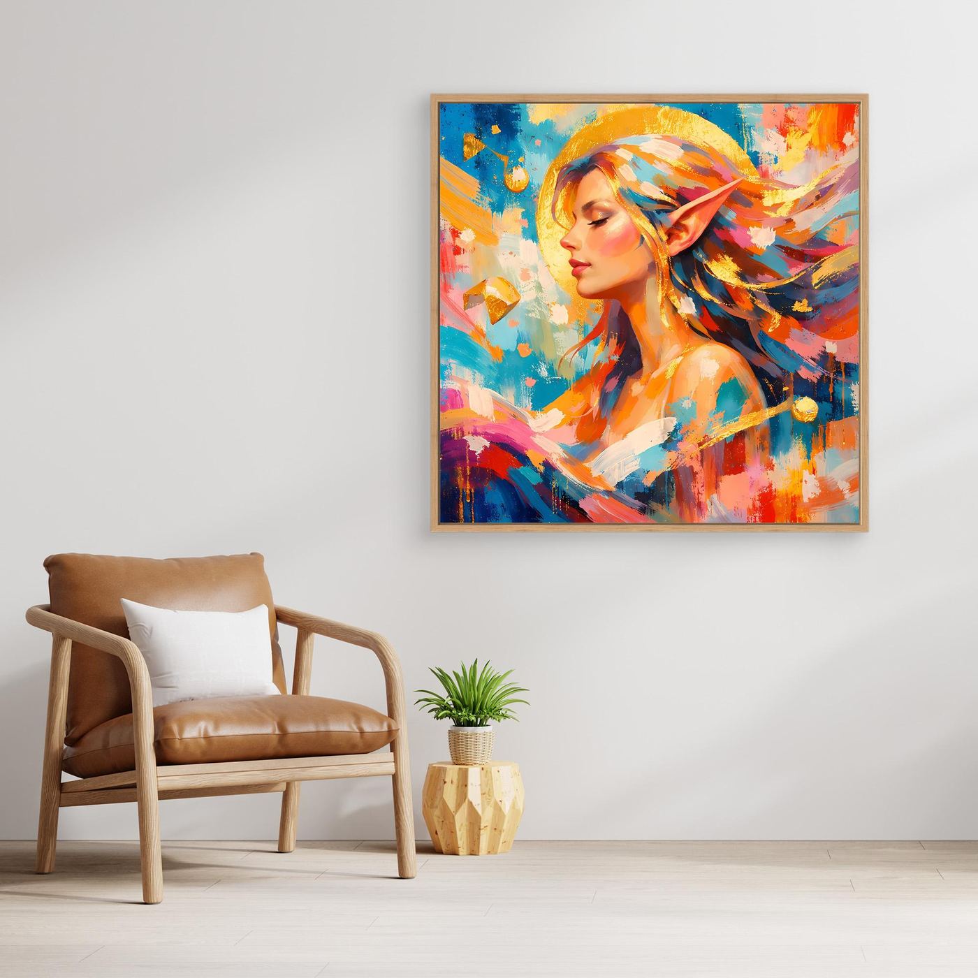 Leinwandbild mit abstrakter Elfe im Profil, bunte Fantasy-Farben, mit goldfarbenem Rahmen