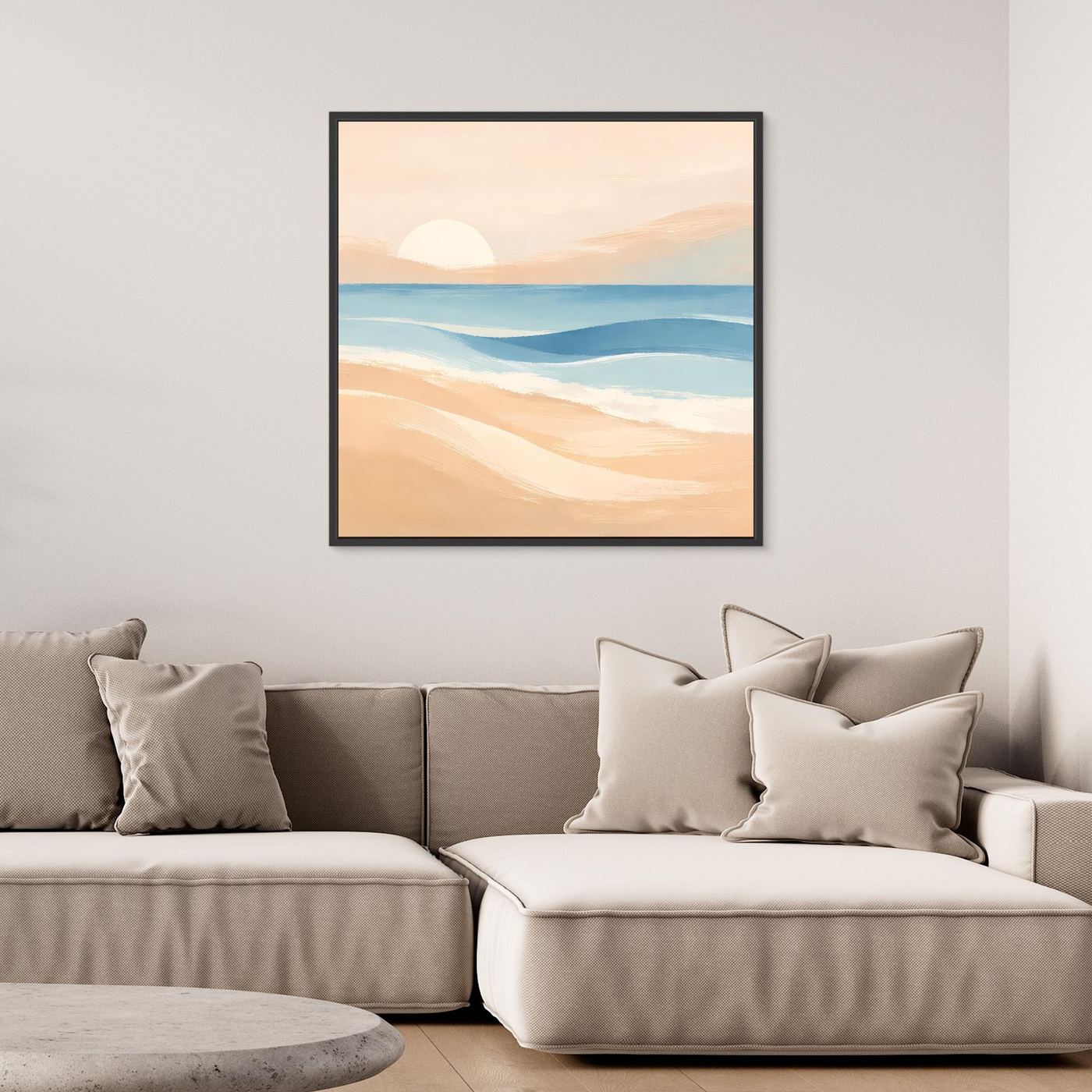 Leinwandbild Strand-Sonnenuntergang, abstraktes Meer, Pastellfarben mit schwarzem Rahmen
