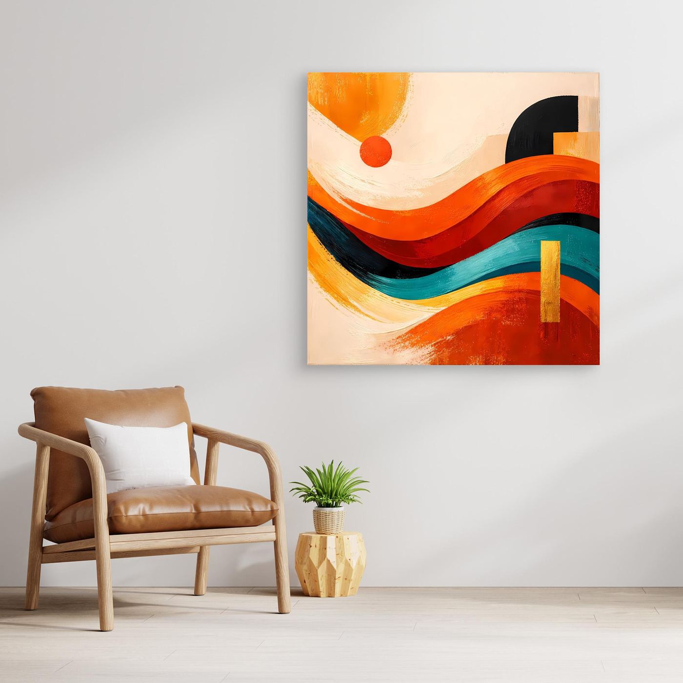 Abstraktes Leinwandbild mit Dünenlinien in Orange, Blau und Schwarz, ohne Rahmen