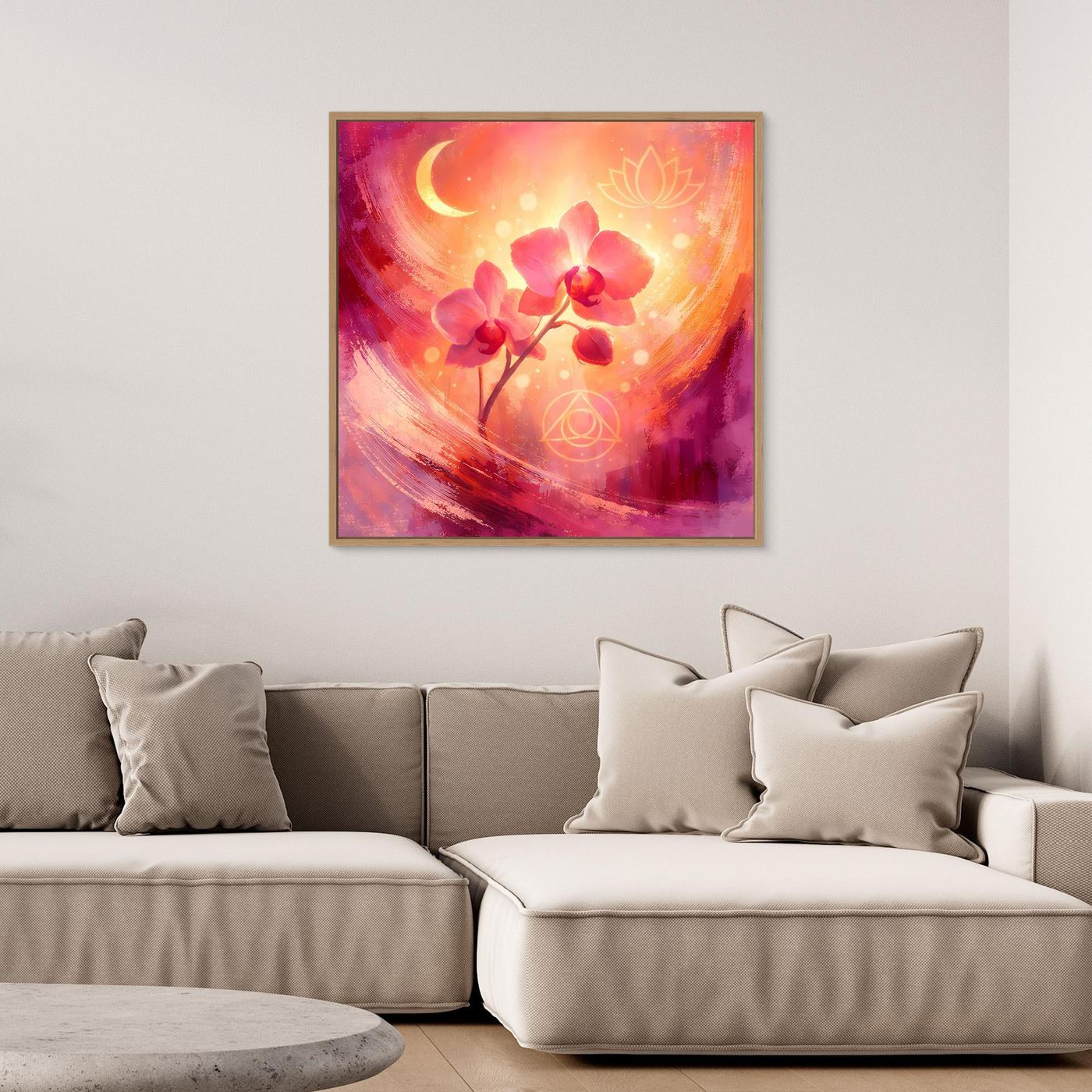 Abstraktes Wandbild: pinke Orchidee mit Mondsichel und Kreismotiven, braun gerahmt