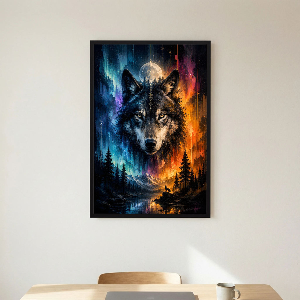 Poster im Hochformat mit zwei Wölfen vor Mond, Waldszene Blau-Orange, schwarzer Rahmen