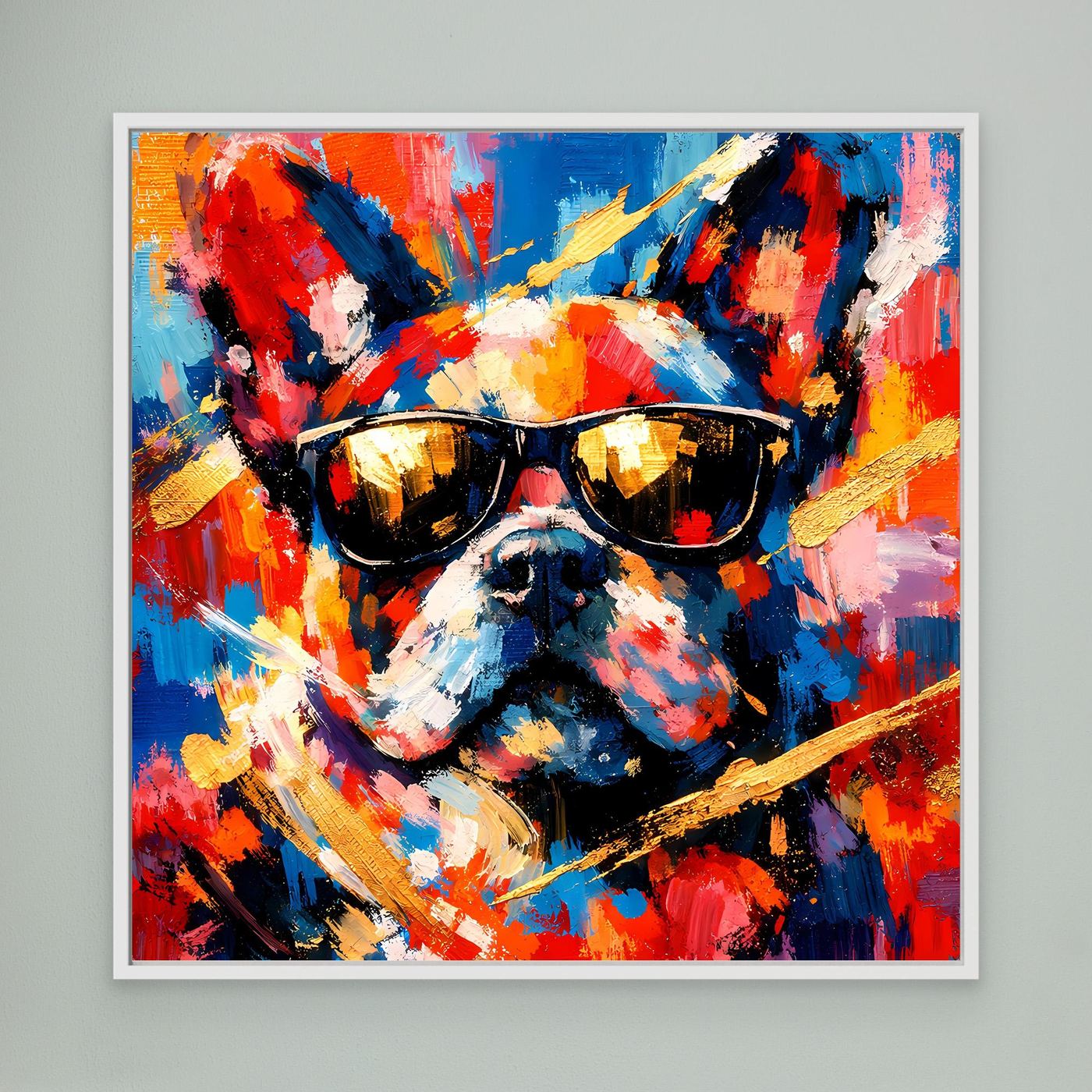 Leinwandbild mit abstrakter Französischer Bulldogge und Sonnenbrillen, bunt, weiß gerahmt