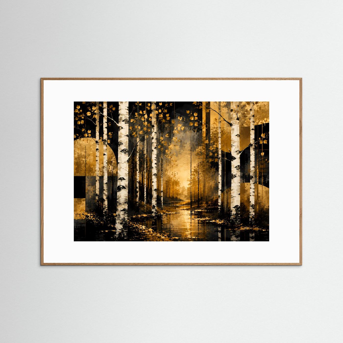 Goldener Birkenwald im Abendlicht | Abstrakte Waldlandschaft mit weißen Birken in Schwarz, Gold & Creme | Elegantes Natur Wandbild im Querformat mit moderner geometrischer Kunst