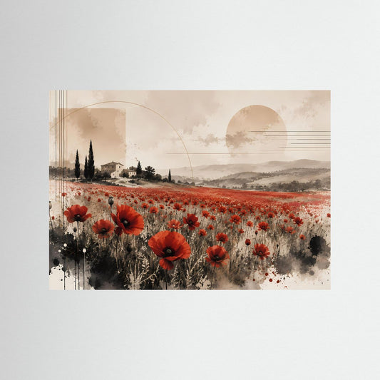 Querformat-Poster mit roten Mohnblumen auf beigem Feld und Landschaft im Hintergrund.
