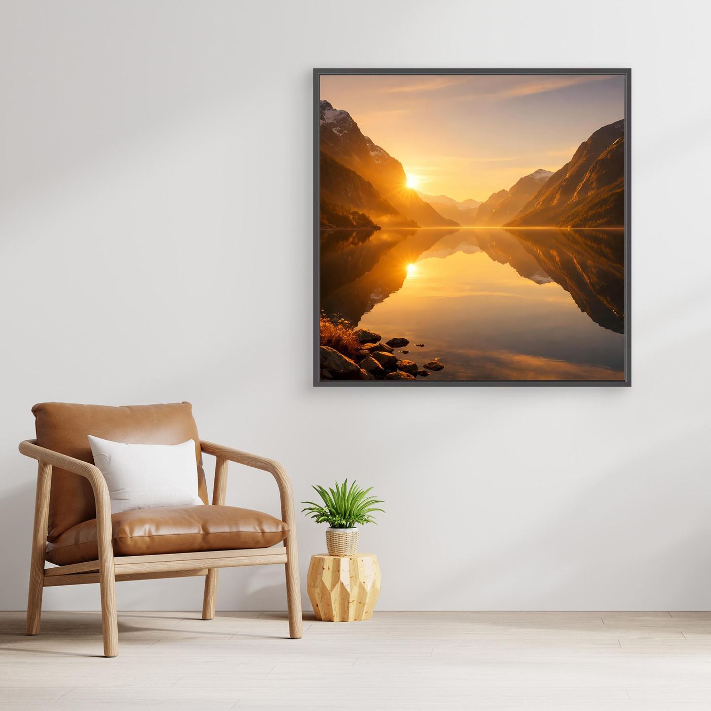 Leinwandbild Goldener Fjord mit Sonnenaufgang über spiegelndem See und Bergen im schwarzen Rahmen