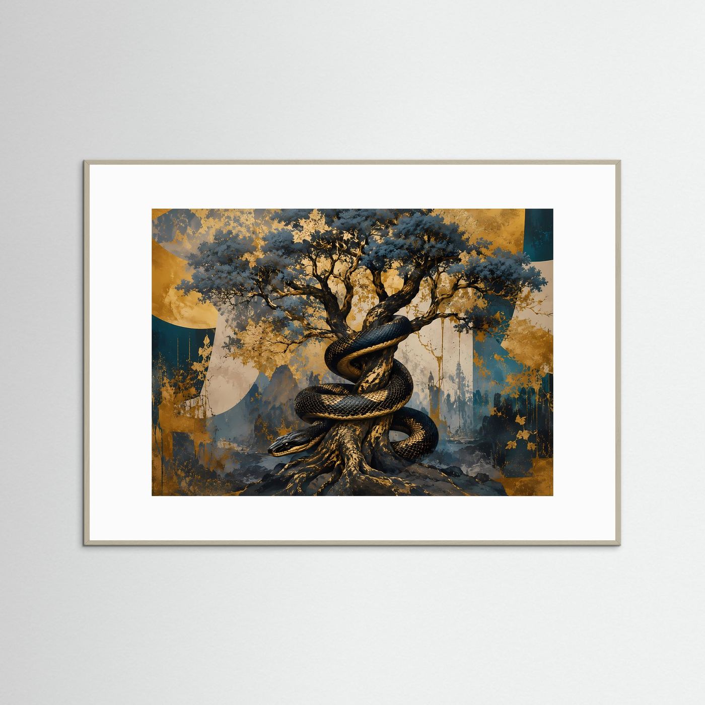 Mystische Schlange am Lebensbaum | Modernes Natur- & Fantasy-Poster Querformat