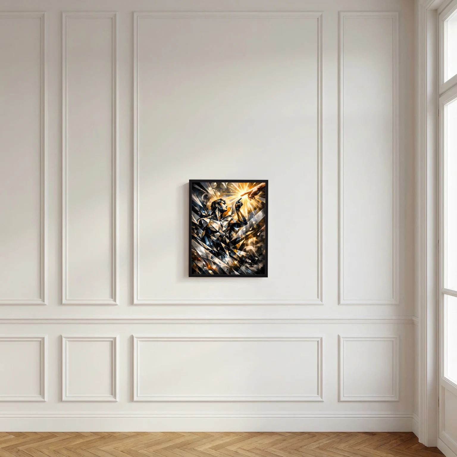 Gerahmtes Poster an heller Wand, abstrakte schwarze Silhouetten mit goldenem Burst