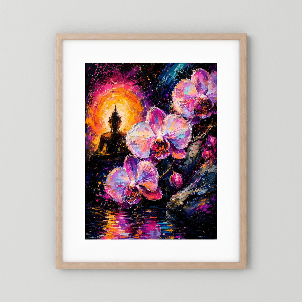 Poster mit Buddha- und Orchideenmotiv in Neonfarben, im hellen Holzrahmen