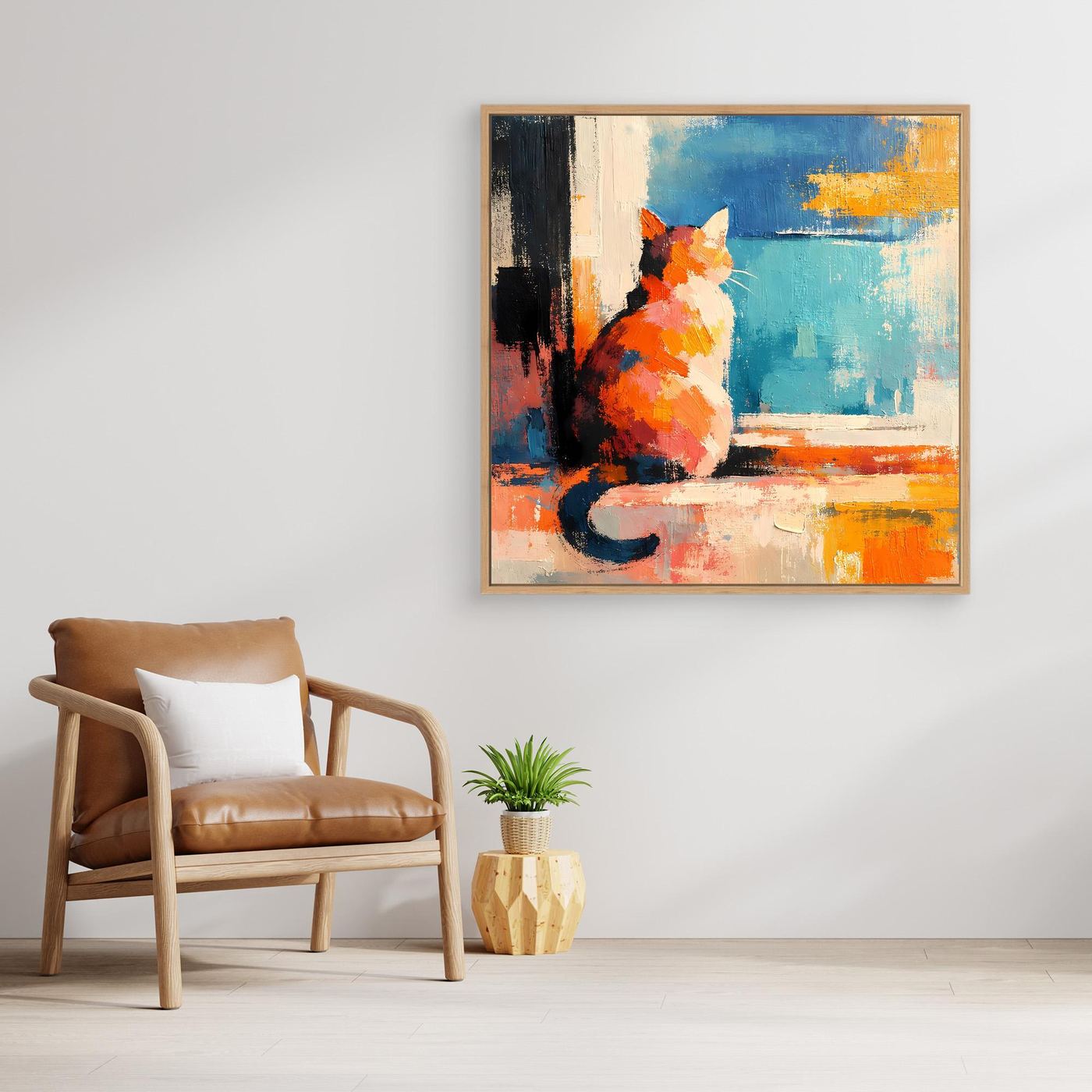 Framed abstract cat wall art canvas, orange cat and blue window scene in textured paint