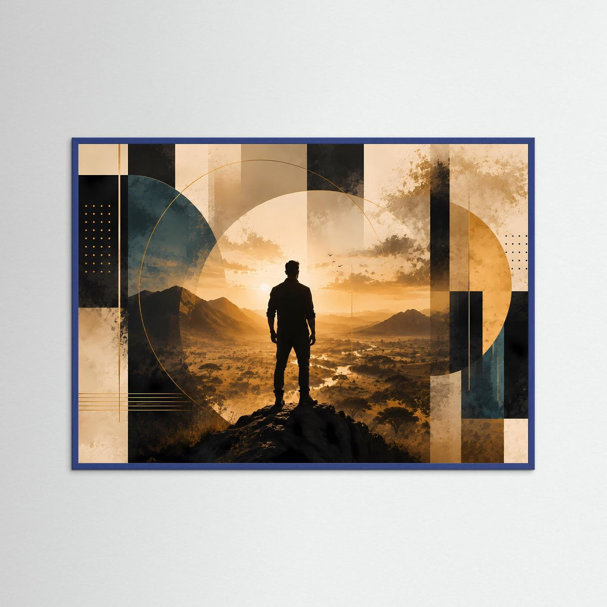 Querformat-Poster mit Silhouette eines Mannes auf Berggipfel im blauen Rahmen, Gold und Schwarz