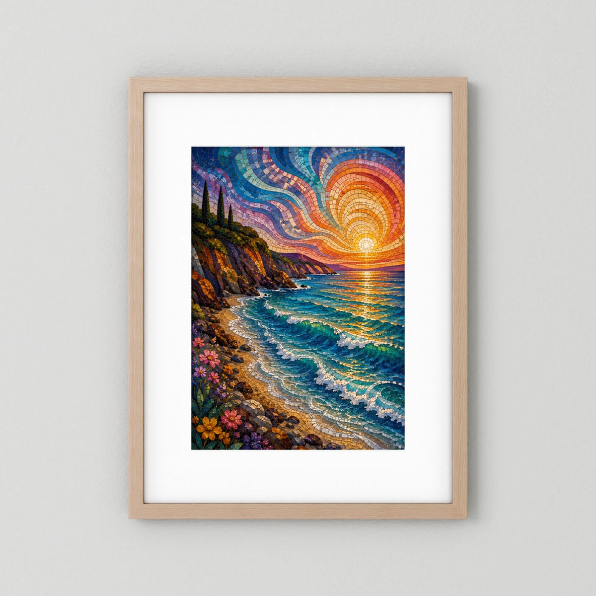 Mediterrane Küste im Mosaikstil | Sonnenuntergang am türkisblauen Meer | Poster Hochformat