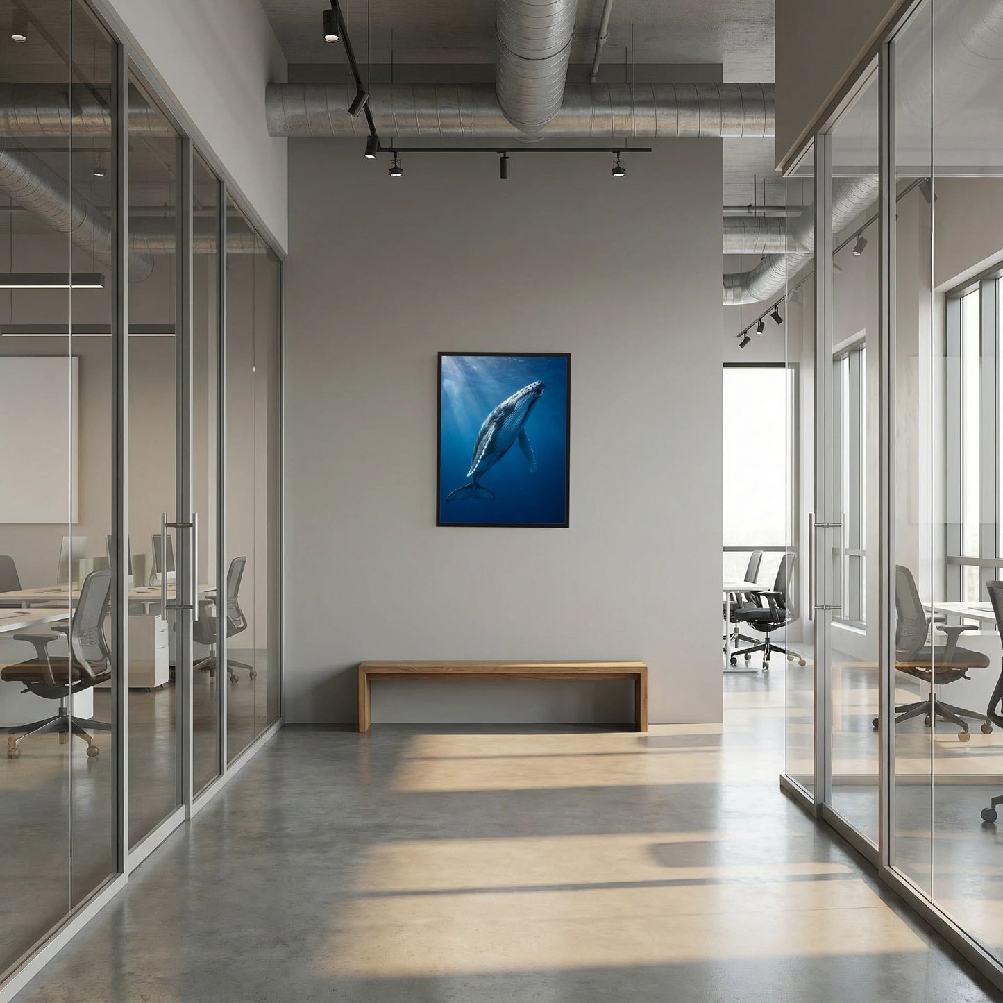 Poster mit Buckelwal unter Wasser, kleinformatig im dunklen Rahmen
