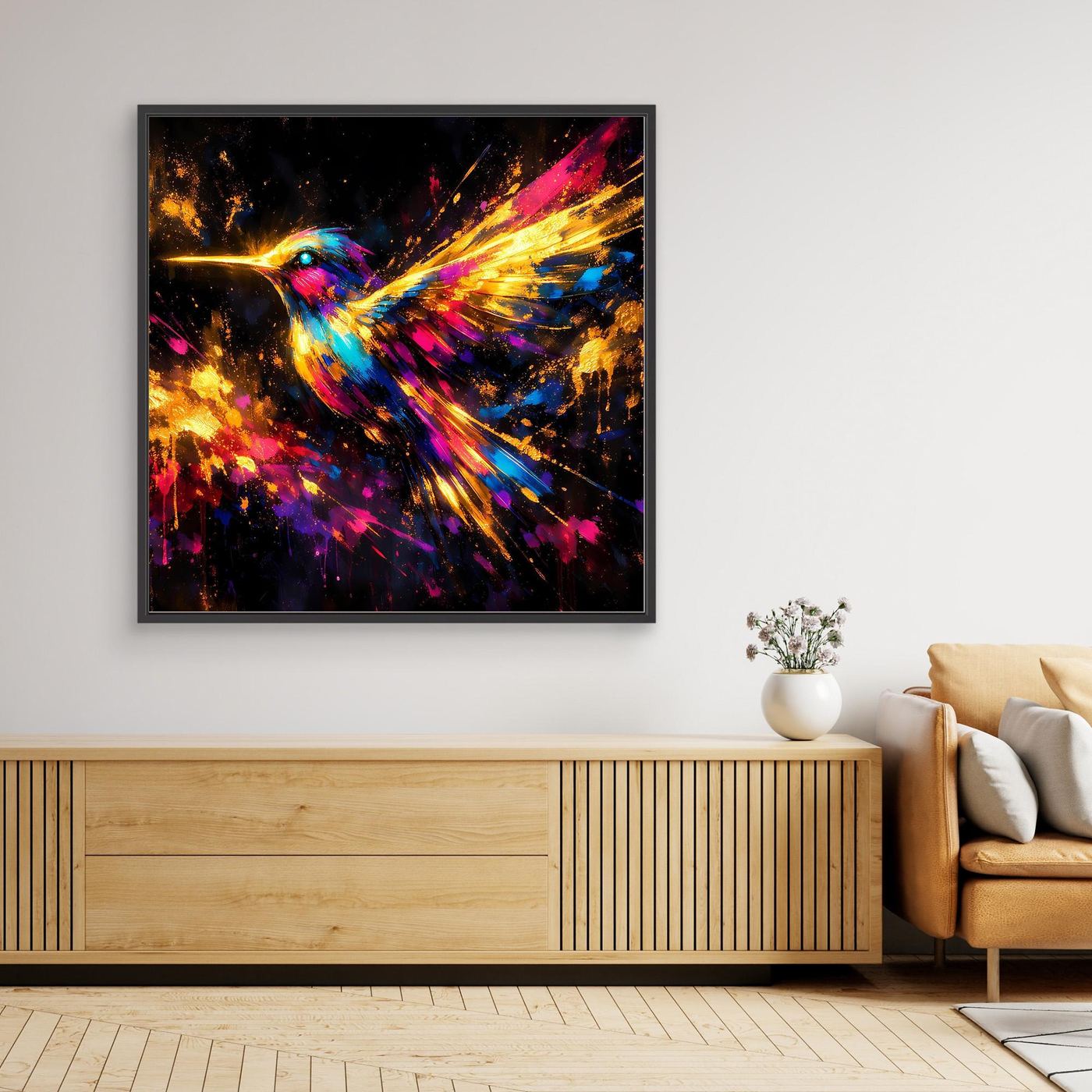 Leinwand Farbenfroher Kolibri im Flug | Abstraktes Modernes Wandbild Bunt