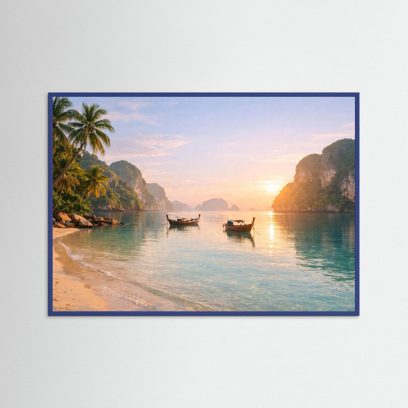Tropischer Sonnenaufgang am Strand | Panorama Boote & Lagune Poster Querformat