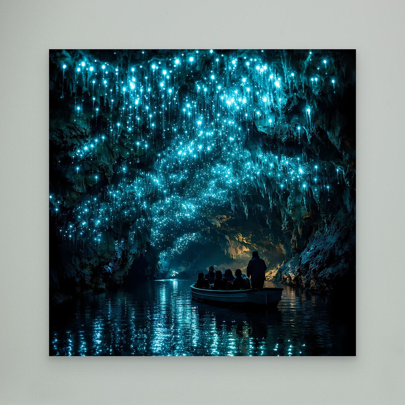 Leinwandbild mit glühenden Glühwürmchen in der Höhle und Boot auf dem See