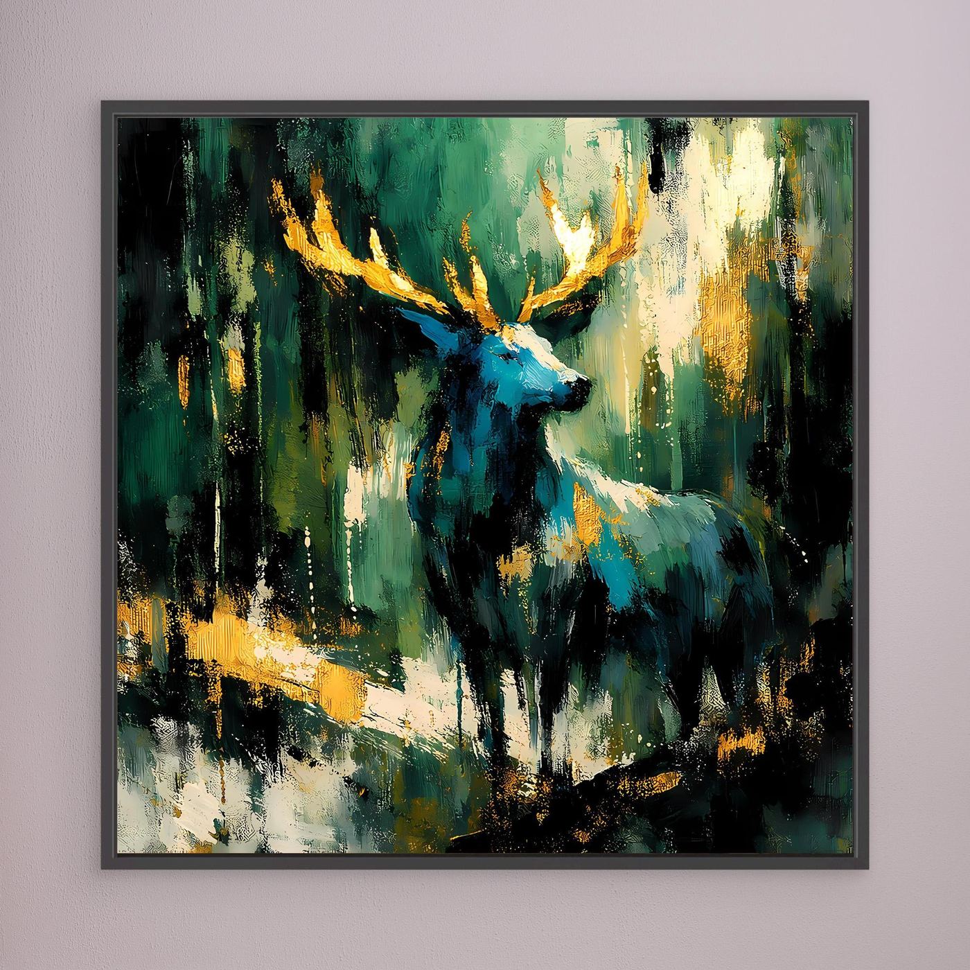 Leinwand-Wandbild mit schwarzem Rahmen: abstrakter Hirsch in Grün, Blau und Gold
