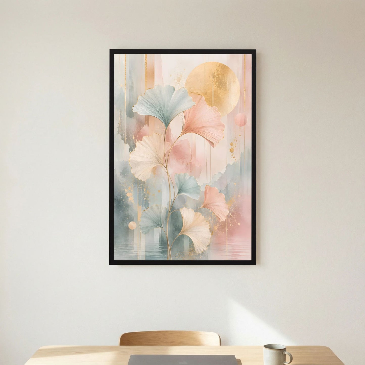 Kunstposter im Hochformat mit Blättern in Pastelltönen, Rosa, Salbeigrün und Gold, schwarz gerahmt