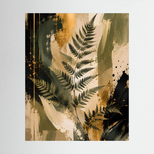 Abstraktes botanisches Kunstposter mit Farnblättern in Grün und Gold, Hochformat