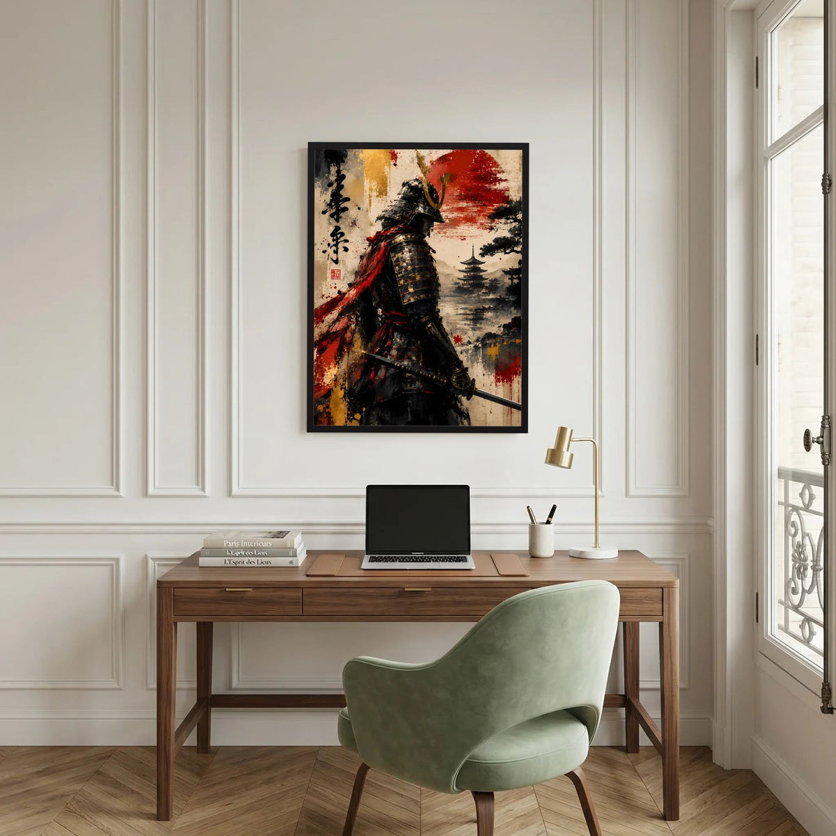 Quadratisches Poster im schwarzen Rahmen: Samurai in Schwarz mit roter Sonne, Landschaftsmotiv.