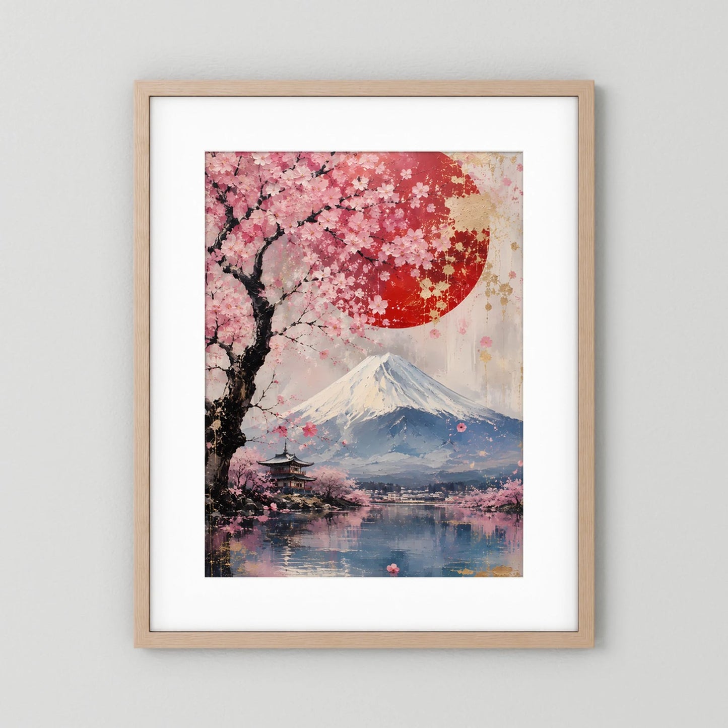 Poster mit weißem Passepartout im hellen Holzrahmen: Kirschblüten, Fuji und rote Sonne