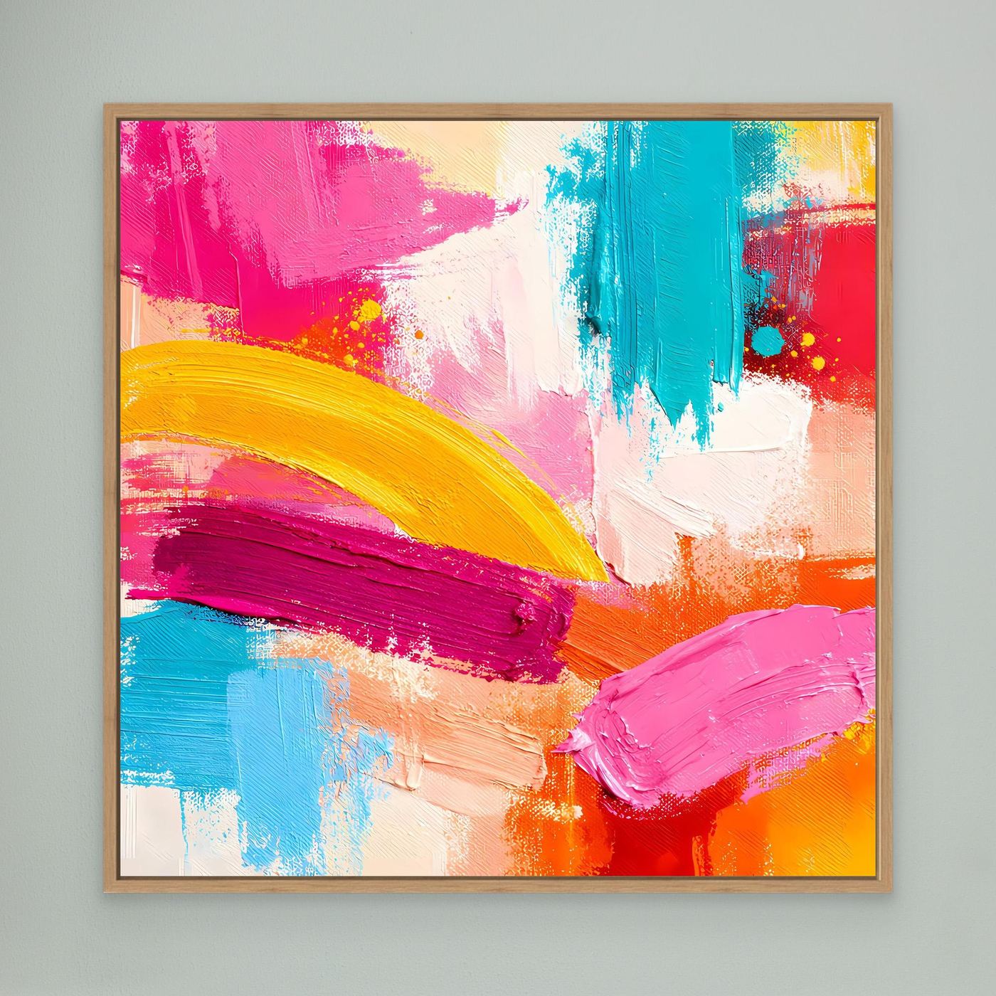 Abstraktes Leinwandbild im Holzrahmen mit pastellen Farbbahnen in Pink, Türkis, Gelb und Orange.