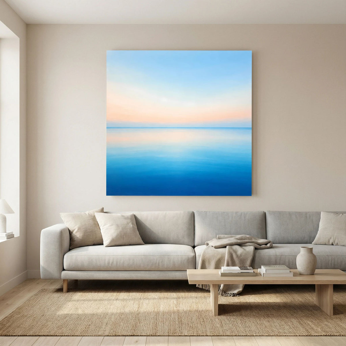 Quadratisches Leinwandbild: ruhiger Meereshorizont in Blau-Rosa-Tönen