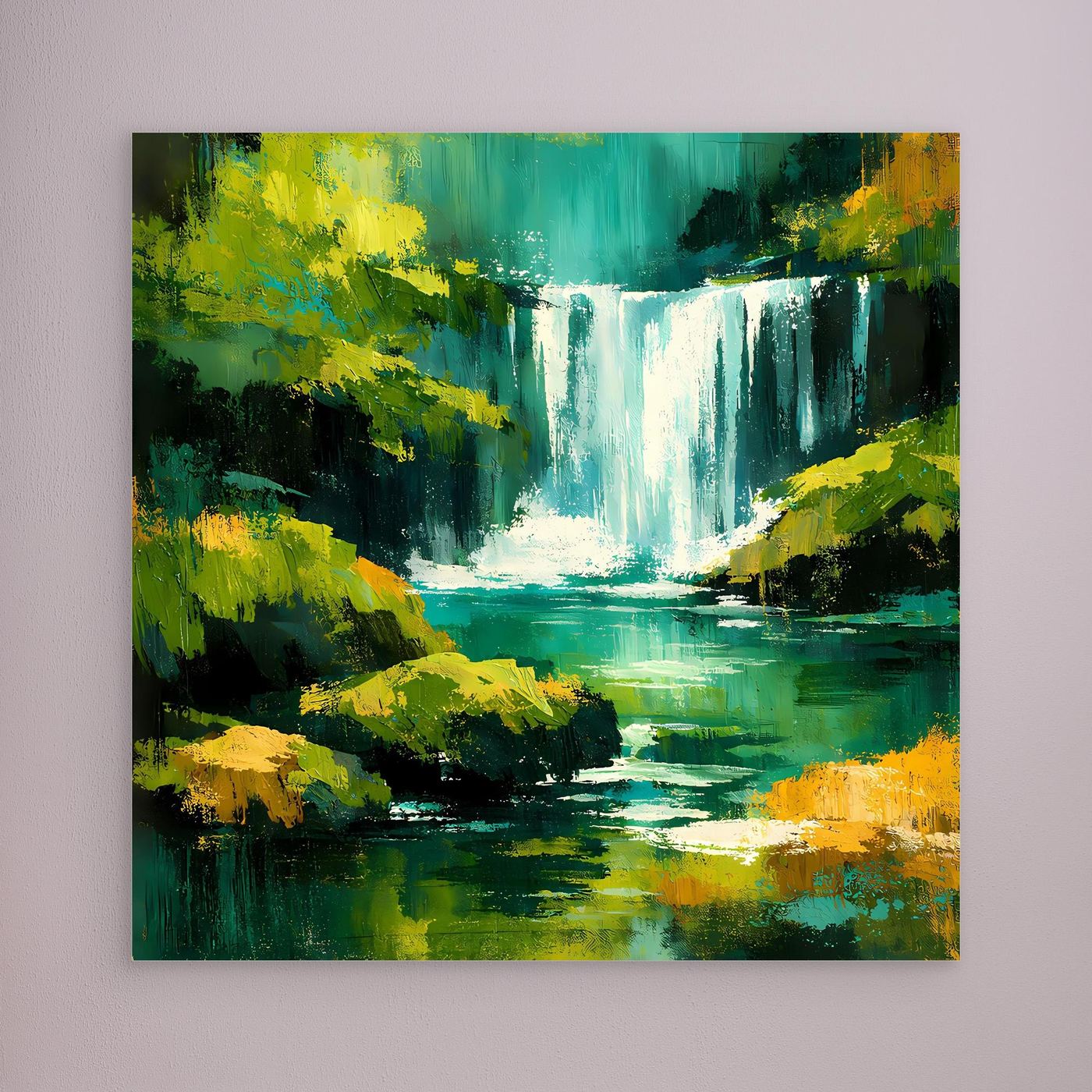 Abstraktes Leinwandbild mit Wasserfall und Dschungelgrün, ohne sichtbaren Rahmen