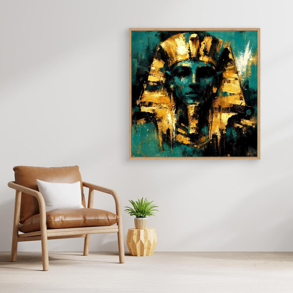 Gerahmtes Wandbild mit abstraktem Pharao-Gesicht in Türkis und Gold