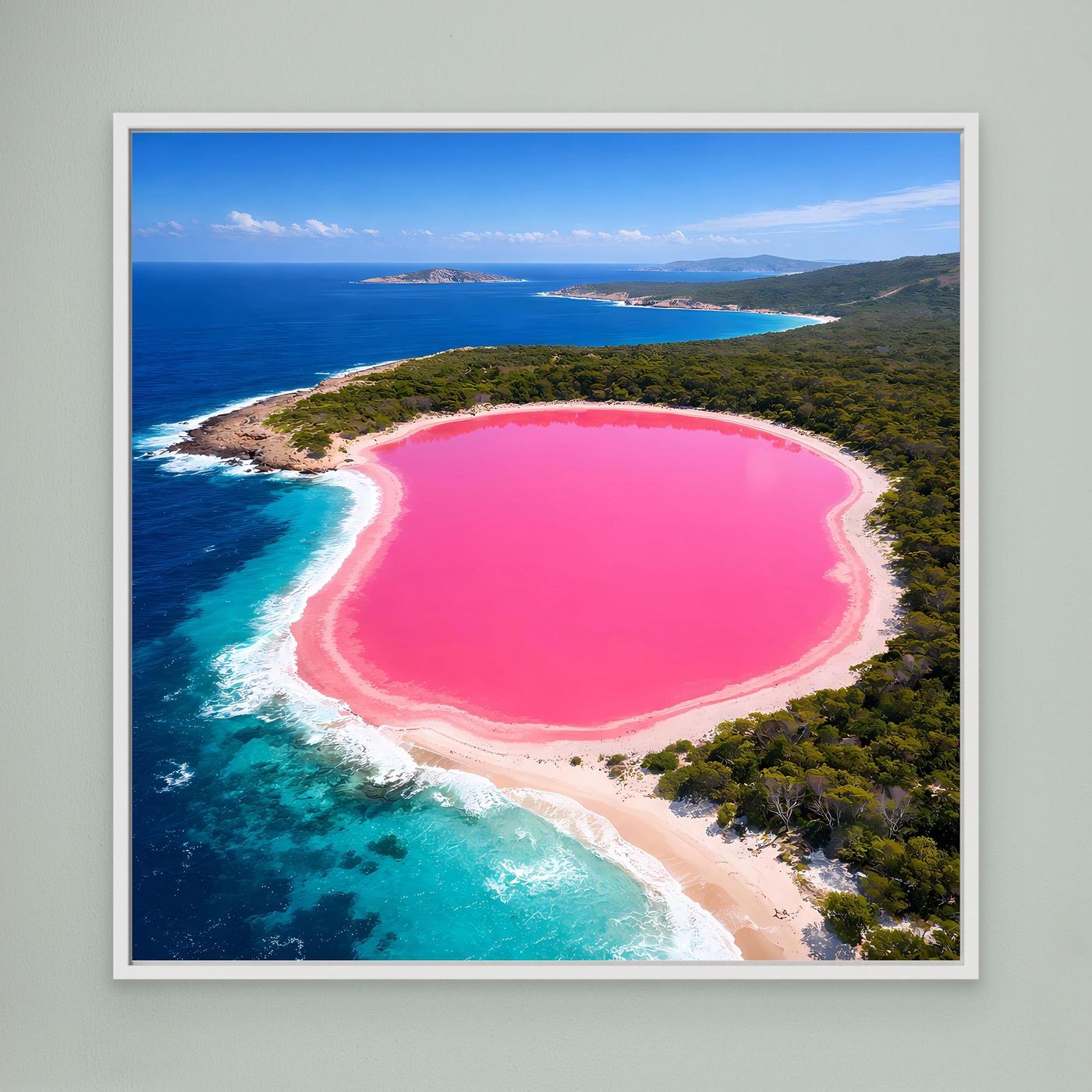 Leinwandbild mit rosa See und türkisfarbener Küste im Hochformat, weißer Rahmen