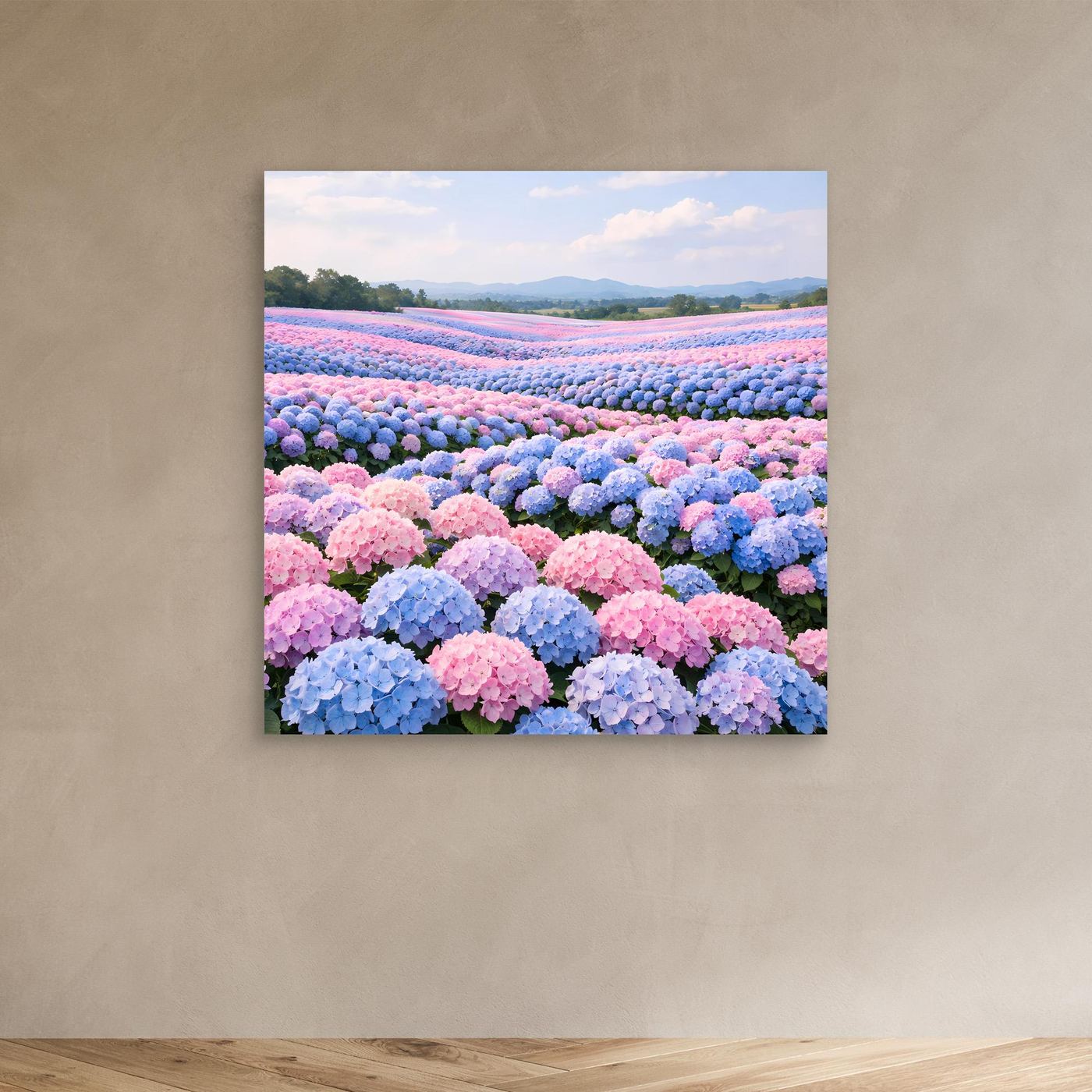Leinwandbild mit Hortensienfeld in Pastellrosa und Hellblau, rechteckig, ohne Rahmen