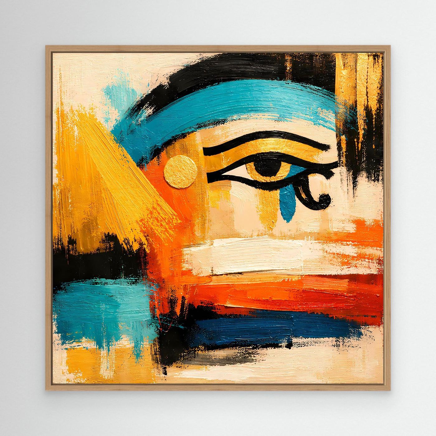 Framed abstract Eye canvas with teal, orange, blue, gold paint and bold black lines