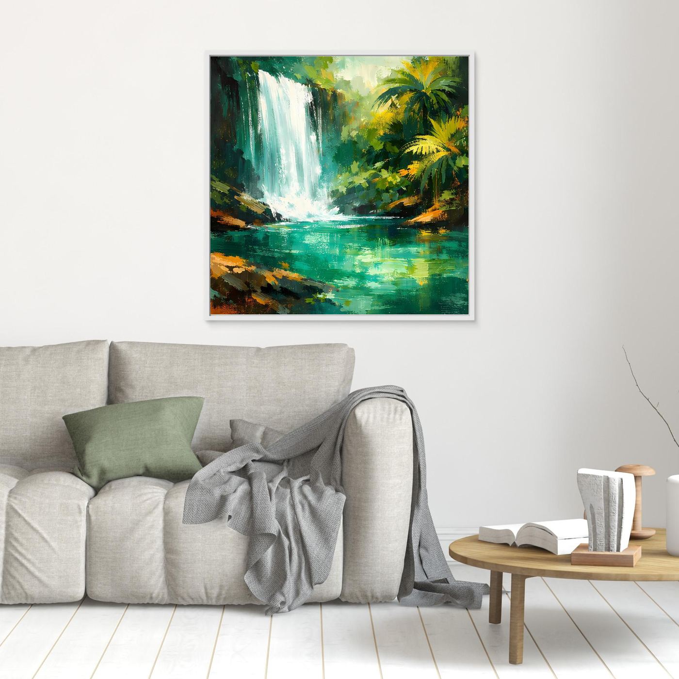 Leinwand Abstraktes Dschungel Wandbild mit Wasserfall | Modernes Natur Kunstwerk Grün