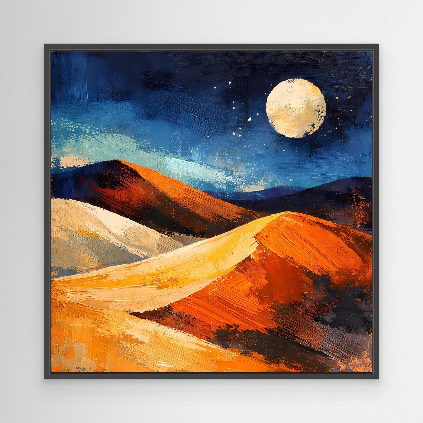 Abstract canvas wall art of moonlit desert dunes, blue and orange tones, in black frame