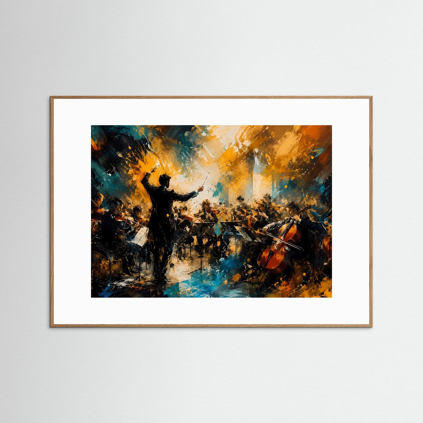 Musik-Kunstposter Querformat mit Orchester-Silhouetten, golden-blauem Licht, hellem Holzrahmen