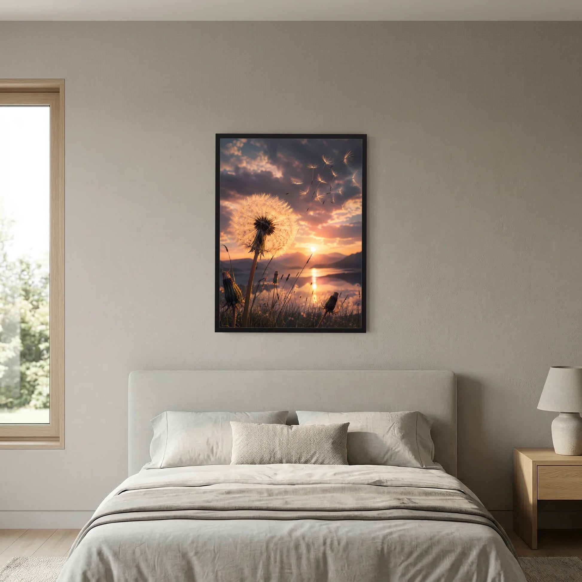 Hochformatiges Poster mit Pusteblume über weitem Abendhimmel, dunkel gerahmt